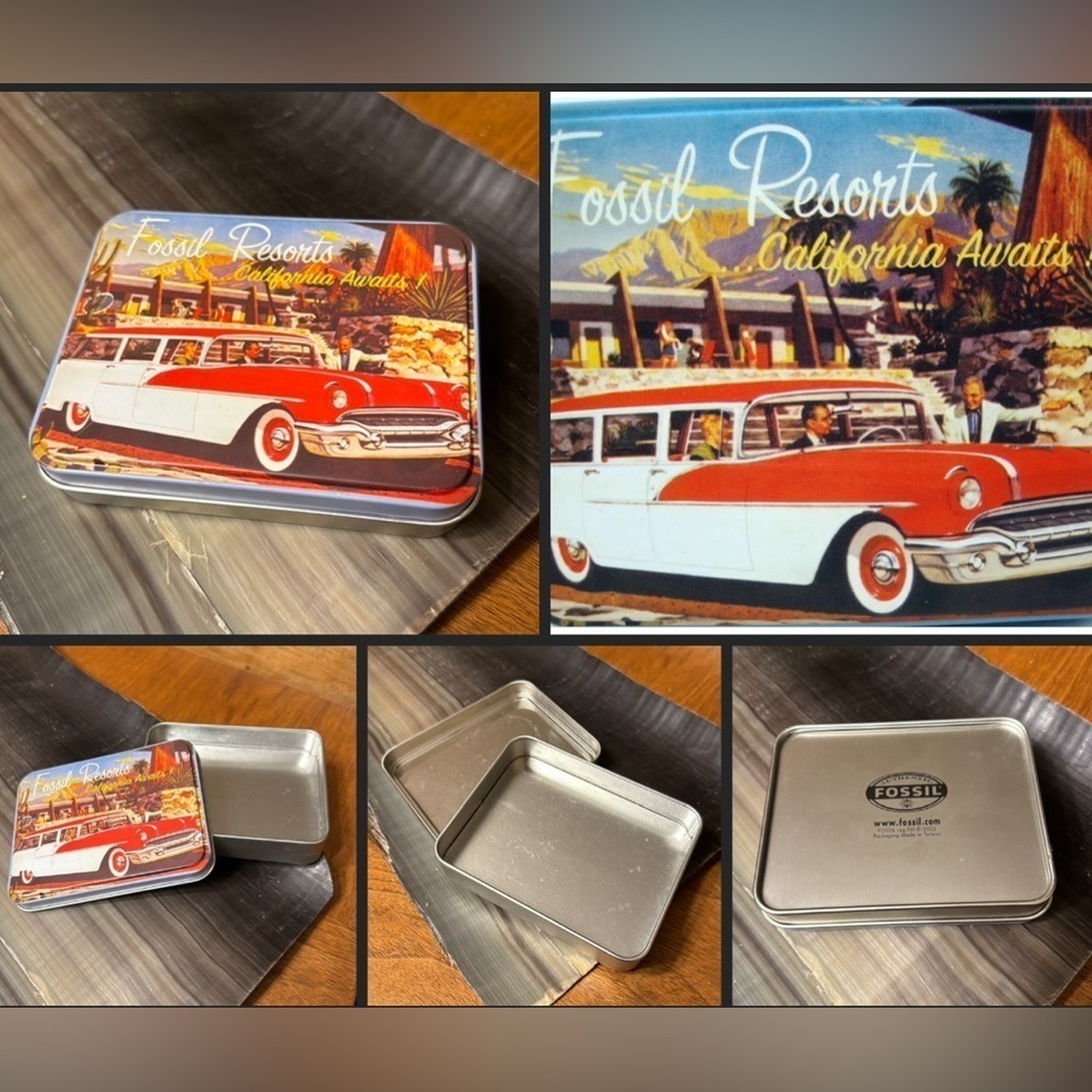 Fossil Resorts Tin Box California Awaits 1950s Nomad Station Wagon Storage Tin